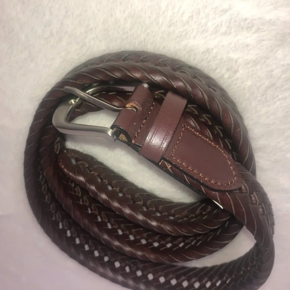 Western Brown Leather Weave Belt with Metal Buckle‎